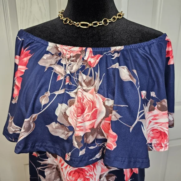 D11: Sz Xl Miss Qee Floral Off-Shoulder Navy Dress - Picture 2 of 5